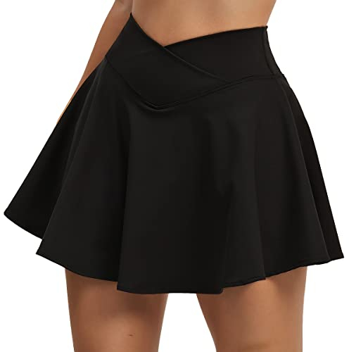 HAWILAND Tennisrock Damen - Hosenrock Crossover Waist V-Bund Tennis Skort mit Taschen Golfrock für Radfahren Wandern Laufen #5 Schwarz L