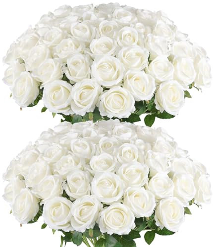 Hananona Künstliche Rosen für Blumenarrangement, Seiden-Weiß-Rosenstrauß für Heimdekoration, Kunstrosen für Valntine-Day-Partys und Hochzeitsdekoration (50, Weiß), 50 Stück