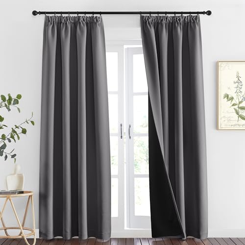 PONY DANCE 2er Set Schlafzimmer Gardinen Lichtundurchlässig Doppellagiger und Dicker Vorhang Thermo Hitzeschutz Graue Vorhänge Blickdicht Kräuselband für Schienensystem, H 220 x B 140 cm