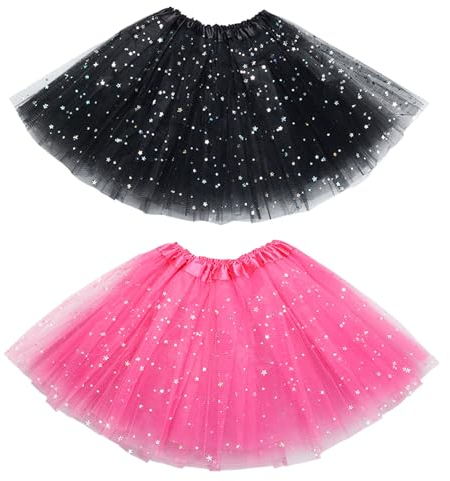 EUPSIIU 2 Pièces Jupe Tutu Enfant, 30cm Sparkle Tutus Jupe de Ballet de Danse, 3 Couches Tulle Jupes Ballerine avec Paillettes Étoiles pour Fête Carnaval Costume(Noir, Rose Rouge)