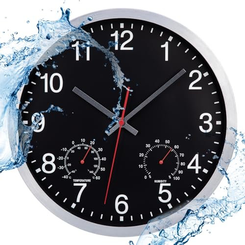 ACCSHINE Orologio da parete per esterni - con termometro e igrometro Orologio da parete senza ticchettio Silenzioso 30cm Quarzo a batteria Grande orologio da parete Deco da giardino (Nero)
