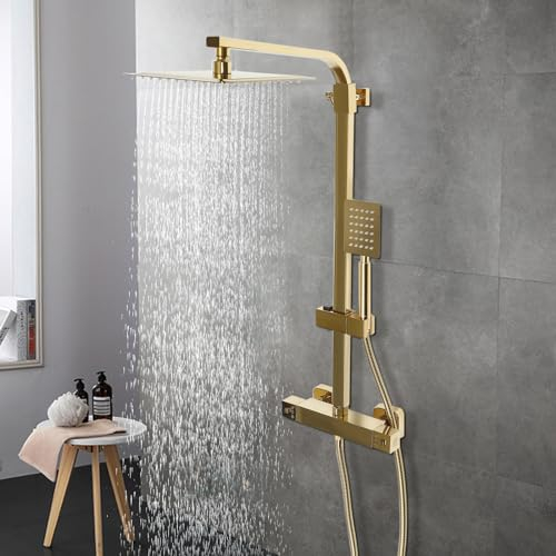 Thermostat Duschsystem Messing Badezimmer Duschset mit Handbrause Regendusche Tastenkontrolle Duschstange Regenwalddusche Komplett für Duscheset, Gold