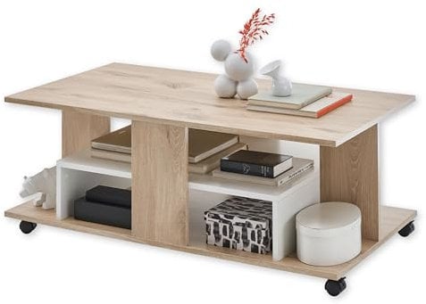 Stella Trading Marti Couchtisch auf Rollen in Rima Oak Optik, Weiß - Mobiler Sofatisch für Ihr Wohnzimmer - 110 x 42,5 x 60 cm (B/H/T)