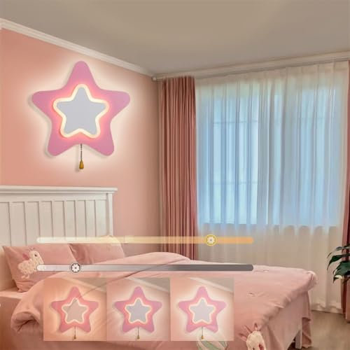 TZSMUM Dimmbar Kinderzimmer Wandlampe mit Schalter LED Innen Wandleuchte Kinder Lampe Stern 3 Farbe Schlafzimmer Bettlampe Jugendzimmer Wohnzimmer Lampe Wand Beleuchtung Deko (Rosa)