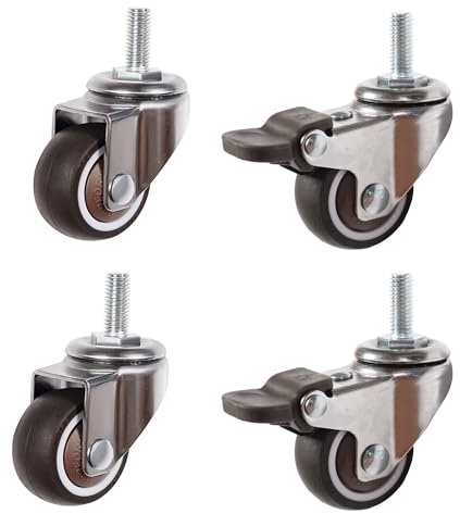 Kozuoan Mini Möbelrollen, Gewindestange M8x20 mm, Niedrigprofil-Gummi-Lenkrollen, geeignet für kleine Wagen, Möbel,Regale, 4er-Set, Tragkraft 80 kg (38 mm, 2 without Brakes + 2 Brakes)
