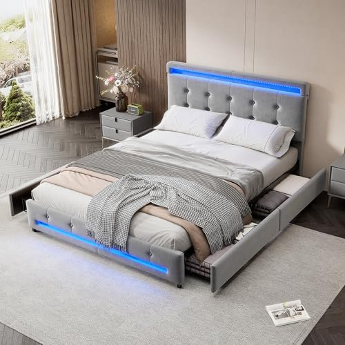 Merax Double bed frame, 4ft6 Double Upholstered Storage Bed with 4 Drawers with pulleys, Light strips around the bed, Soft Backrest, Sturdy Wooden Slat Support, Grey+Velvet/135CM*190CM