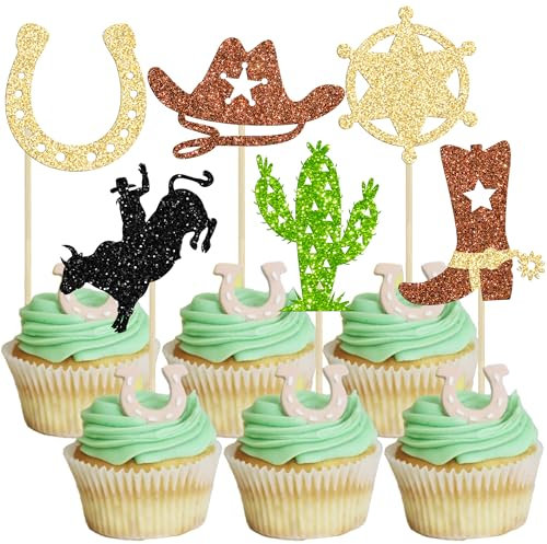 Gyufise 36Pcs Cowboy Cupcake Toppers Glitter Western Cupcake Decorations HorseShoe Cowboy Hats Boots Cupcake Picks for Western Baby Shower Boys Girls Birthday Party Cake Decorations Gold