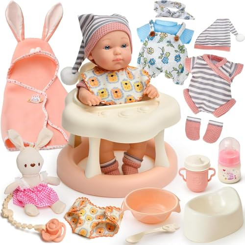 TUZT Accessoire Poupon pour Poupon Bébé, Jouets pour Poupée & Trotteur & Lapin & Sac de Langer & Vêtements & Tétine & Pot Bebe, Jeu de Role Poupee Anniversaire Cadeau Fille Enfant 2 3 4 5 6 Ans