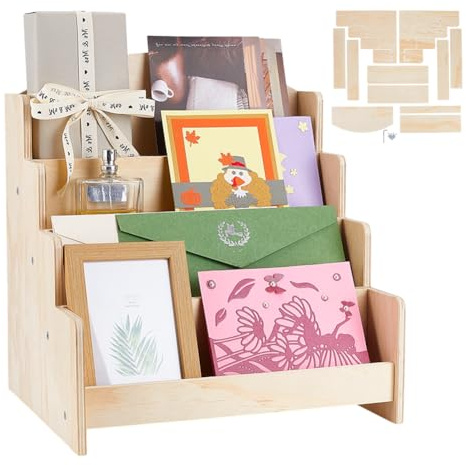 HOBBIESAY 4 Ebenen Design Holzregal Für Grusskarten Aufkleber Aufsteller 12x10x13 Zoll Schreibtisch Organizer Mehrstöckiges Aufbewahrungsregal Für Einzelhandel Ladentheke Zuhause Büro Basteln