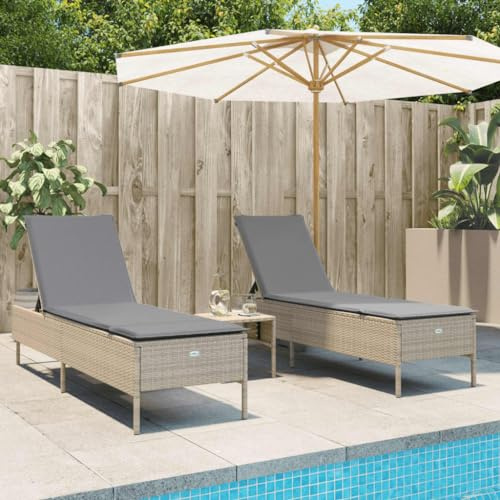 HaoChrymec Sonnenliegen mit Auflagen 2 STK., Beige, PE-Rattan, 5-Fach verstellbare Rückenlehne, UV-beständig, Outdoor Liege, Strand Liege mit Rückenlehne, 198 x 55 x 39/50/62/75/88/97 cm