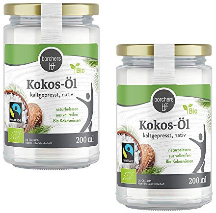 BORCHERS Kokos-Öl Bio Fairtrade 2x 200ml, kaltgepresst, nativ, als vollreifen Kokosnüssen in Bio-Qualität, 100% rein, im Glas, zum Kochen