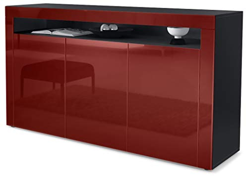 Vladon Sideboard Valencia, Made in Germany, Kommode mit 3 Türen und 1 offenem Fach, Schwarz matt/Bordeaux Hochglanz (155 x 92 x 40 cm)