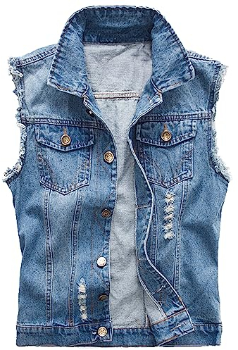 Kelmon Mens Denim Vest Jacket Ripped Vintage Casual Biker Vest Motorcycle Coat Cowboy Lapel Sleeveless Vest