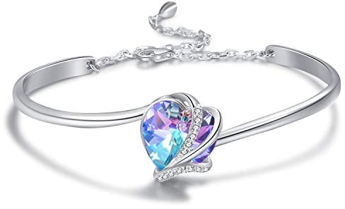 AOBOCO Herz Armband Sterling Silber Damen Herz Armreif mit Lila Kristallen, Geburtstag Jahrestag Hochzeitstag Geschenke für Sie Mutter Frauen Freundin