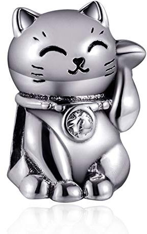 Charm-Anhänger mit Glückskatze, echtes 925er Sterlingsilber, passend für europäische Pandora-Armbänder (Glückskatze)