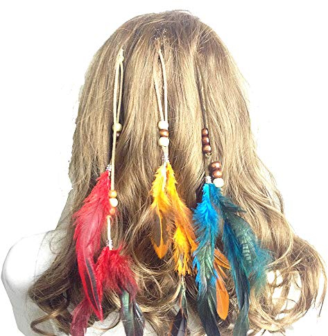 Jurxy Böhmische Pfau Feder Kopfschmuck Stirnband Damen Hippie Boho Indianer Stirnbänder Zigeuner Headwear BB Clip Frau Mädchen Lieblings Haarschmuck – Gelb rot blau