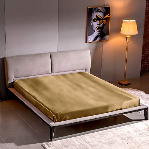 THXSILK Spannbettlaken Seide Bettlaken 160x200, 100% Reine 22 Momme Maulbeerseide Bettwäsche Spannbetttuch, Gold Seiden Bettlaken für Standardmatratze 30cm