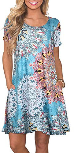 Damen Sommer Tshirt Kleid Locker Rundhals Kurzarm Midi Kleider Elegant Blumen Sommerkleid Knielang Strandkleid Lässig Midikleid Freizeitkleid mit Taschen, E Blumen Blau, M