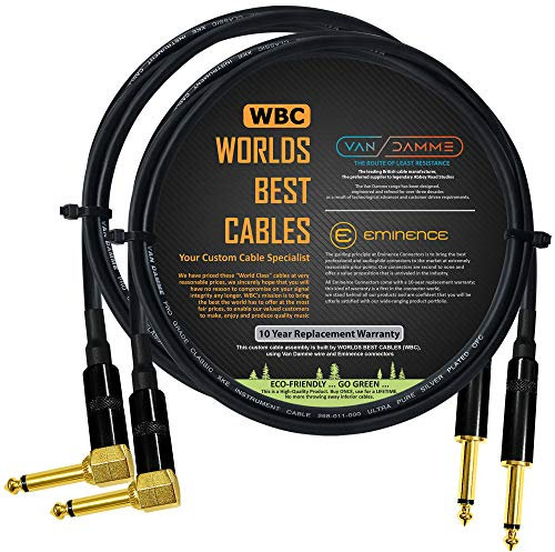 2 Units - 2 Meter - Van Damme Pro Grade Classic XKE - Premium Ultra-Flexible Multi-Shielded Guitar Instrument Effects Patch Cable w/Eminence Straight & Angled Gold 6.35mm TS Plugs & Staggered Boots