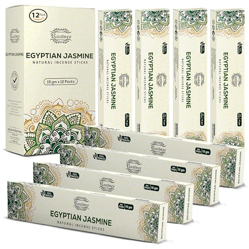 Raajsee Jasmine Incense Sticks 12 Pack Set 15gm Each, -100% Organic Hand Rolled- Perfect for Church,Aromatherapy,Relaxation Meditation (Jasmine)