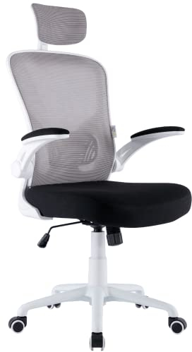 ZIK Silla de Oficina Ergonómica Blanca con Reposabrazos Abatibles y Reposacabezas Oscilante, Sillón Giratorio con Soporte Lumbar, Altura Ajustable - 62x63x129