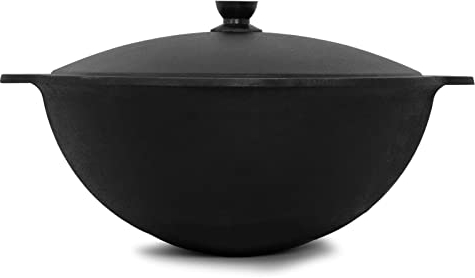 NAMANGAN | Schwenktopf Kazan aus Gusseisen 10 L (runder Boden) | Kasan Uzbekisch | Cast Iron KESSEL Uzbek | Camping Usbek Asia WOK | Topf mit Aluminium Deckel