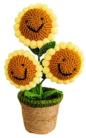 EESLL Künstliche gestrickte Wollblumen, beflockte Sonnenblumen-Bündel, Woll-Häkelblume, Sonnenblumen, künstliche Blumen mit Töpfen für Zimmer, Heimdekoration
