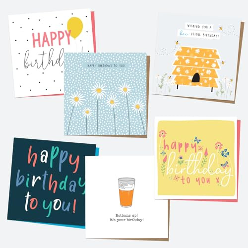 Birthday Cards for Him & for Her - Mixed Flowers & Typography - Pack of 6 (50 0001)