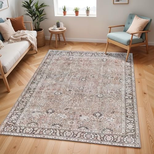 Livabliss Terjit Machine Washable Rug - Vintage Area Rugs Living Room, Large Rug 200x275 cm - Traditional Boho Style, Dining Room, Kitchen, Outdoor, Hallway - Brown, Charcoal, Black