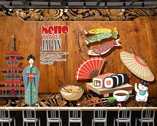 TANYANG Personnalisé Grande Murale Papier Peint De Style Japonais Sushi Restaurant Fond Mur 3D-Rétro En Bois De Style Japonais Sushi Restaurant Restaurant Cuisine Fond Mur 120Cm(W)×80Cm(H)