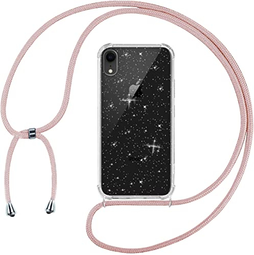 Tikgue Handykette für iPhone XR Hülle mit Band, Handyhülle mit Kordel zum Umhängen Schutzhülle mit Kette Glitzer Transparent Weich TPU Silikon Bumper - Roségold