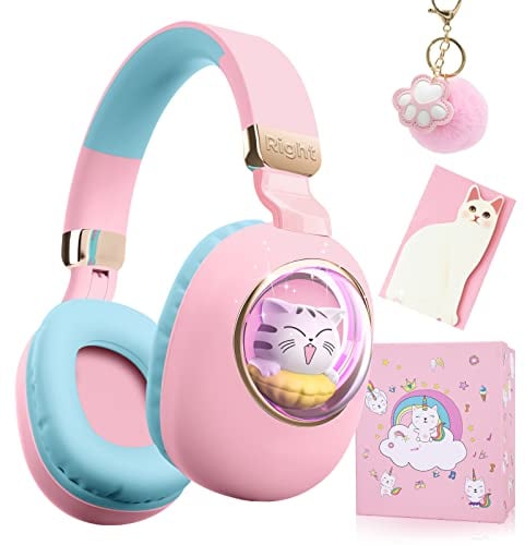 JYPS Bluetooth Kopfhörer Kinder, Katze Kopfhörer Kinder Over-Ear mit LED-Licht, Kinder Kabellose Kopfhörer, Faltbare kopfhörer Bluetooth und Kabel für Kinder/Teenager/Mädchen
