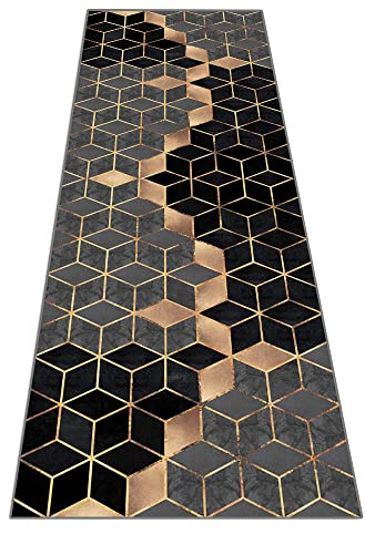 Siunwdiy Teppich Läufer Flur rutschfest Grau Schwarzer und Gold Korridor Teppichläufer Waschbar Modern Küche Läufer Teppich Breite 60cm/ 70cm/ 80cm/ 90cm/ 100cm /120cm /140cm,Schwarz,120x250cm
