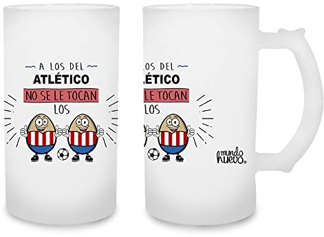 Jarra de cerveza A los del Atletico no se le tocan los huevos. Cristal esmerilado de primera calidad AAA. 80 x 150 mm. 500 ml