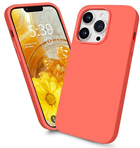 Handzer cover per Apple iPhone 14 Pro Max - giallo arancio cover in silicone liquido di alta qualita, protezione a 360°, cover antigraffio con rivestimento in microfibra