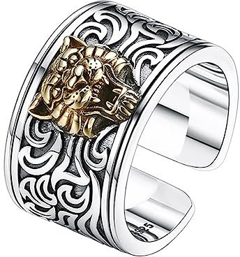 Herren Personalisiert Tiger Kopf S925 Sterling Silber Ring, Sterling Silber Öffnung Verstellbar Breiten Herrenring,Silber,8