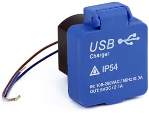 HOLZER /Enchufe de carga USB/enchufe de montaje USB/2 puertos USB/entrada sp. 230 V y puertos USB 5 V/2,1 A – Para uso en exteriores e interiores – Con tapa – IP54 (azul USB A y USB C)