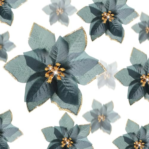 36 Stück 3 Größen Glitzer Weihnachtsblumen Künstliche Weihnachtsstern Blumen Weihnachtsbaum Blumenschmuck Glitzernde Weihnachtsbaum Blumen für Weihnachten Neujahr (3/4/ 6 Zoll, Dunkelgrün)