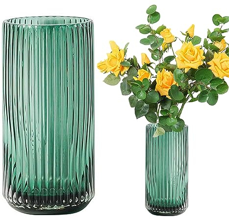 XPJBKC Grüne Glasvase, verdickte gerippte Blumenvase, grüne dekorative Vase für rustikale Heimdekoration, Regal, Tisch, Eingangsdekoration, Geschenk für Hochzeit, Einweihungsparty, 20 cm