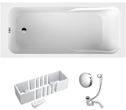 VBChome Badewanne 160 x 70 cm Weiß Acryl SET Wannenträger Siphon Wanne Rechteck Design Modern Styroporträger Ablaufgarnitur in Chrom 160x70 cm