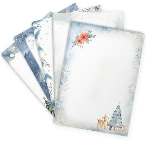 50 x Briefpapier MIX | Bunter Weihnachts-Papier Mix 5 Motive Weihnachten | Motivpapier A4 | edles Design Papier | beidseitig bedruckt | Set