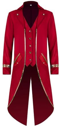 FJKVKDT Medieval Tailcoat Men Vintage Jacket Retro Gothic Victorian Coat Halloween Costume (Red, 3XL)