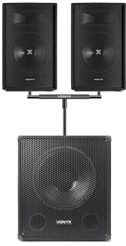 VONYX SMWBA15 Active PA Speaker Kit - 15-Inch Bi-Amplified Subwoofer, Twin 10-Inch Passive DJ Speakers, Stand & Cables, Complete DJ Sound System Package for Live Events & Performances