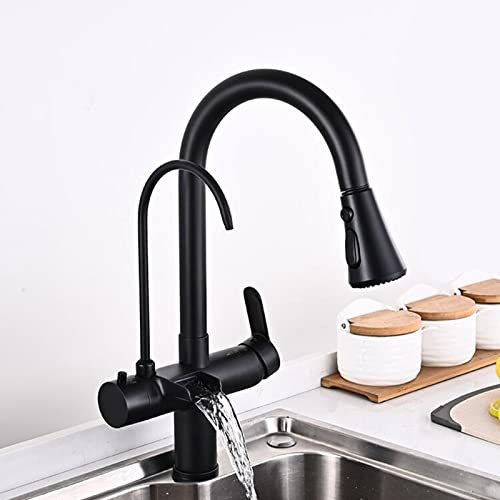 Cocina de 3 vías con rociador extraíble, cascada, agua fría y caliente, fregadero giratorio de latón, negro