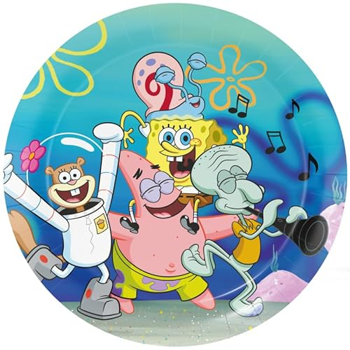 BeenSmile, 8 PLATOS 23 CM SPONGEBOB, Platos Desechables para Fiesta de Cumpleaños Infantil, Artículos de Decoración para Fiestas Temáticas