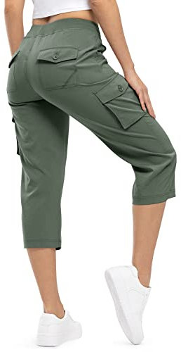 donhobo Damen 3/4 Hose Cargo Shorts Wanderhose Leichte Schnelltrocknende Outdoorhose Trekkinghose Camping Sommer Atmungsaktiv Funktionshose (Armeegrün, XXL)