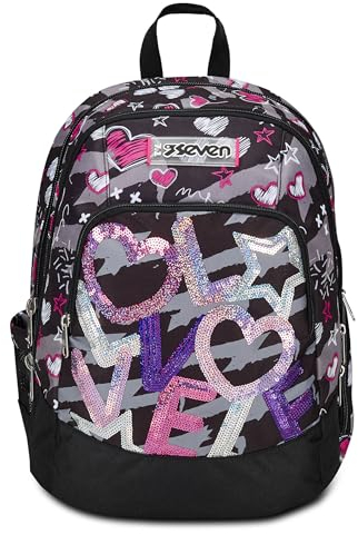 Seven Zaino Scuola Advanced, Nero Fucsia, Draft Heart, Zaino Doppio Scomparto Con Tasca Porta PC o Tablet, Tasca Porta Borraccia e Organizer, Zaino Scuole Medie e Superiori, Bambina Ragazza