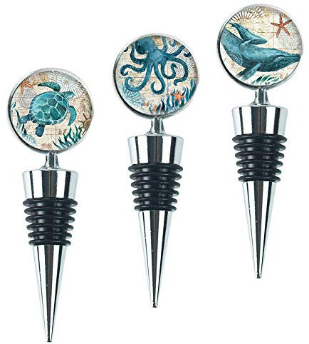 Czzmy Wine Bottle Stoppers,Set of 3 Stainless Steel Wine Stoppers for Gifts, Bar, Holiday Party, Wedding(3-Marine Animal)