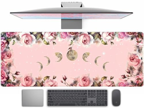 Schreibtischunterlage mit rosa Rose, Mondphasen, Pastell-Blumenmuster, erweitertes XL-Gaming-Mauspad, Schreibtisch-Dekor, Schreibtischunterlage, Computer-Laptop-Tastatur und kabelloses Mauspad mit