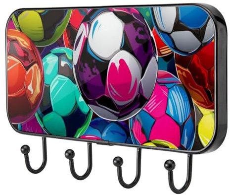 etoenbrc Crochets muraux colorés en forme de football, 4 crochets en fer pour accrocher manteaux, porte-manteaux décoratifs pour mur robuste pour vêtements, sacs, clés